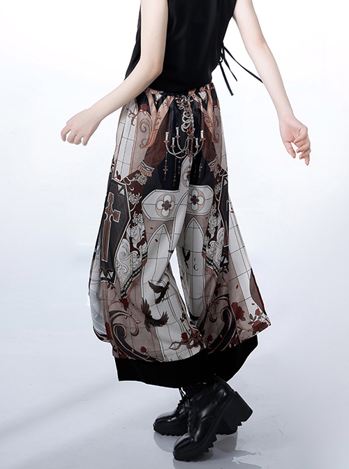 Night Instructions Series Loose Casual Cross Chain Raven Gothic Print With Inside Side Pockets Ouji Fashion Trousers
