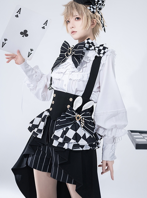 Rabbit Theater Series Checkerboard Version Ouji Fashion Slim Irregular Hem Checkerboard Pattern Design Bownot Decoration Black Corset