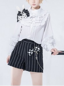 Rabbit Theater Series Checkerboard Ouji Fashion Layered Collar Elaborate Ruffle Cuffs White Long Sleeve Shirt