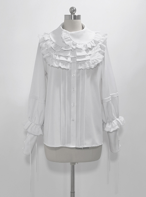 Rabbit Theater Series Checkerboard Ouji Fashion Layered Collar Elaborate Ruffle Cuffs White Long Sleeve Shirt