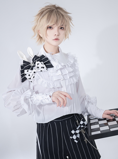 Rabbit Theater Series Checkerboard Ouji Fashion Layered Collar Elaborate Ruffle Cuffs White Long Sleeve Shirt