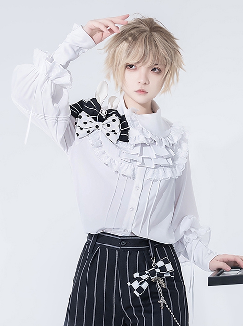 Rabbit Theater Series Checkerboard Ouji Fashion Layered Collar Elaborate Ruffle Cuffs White Long Sleeve Shirt