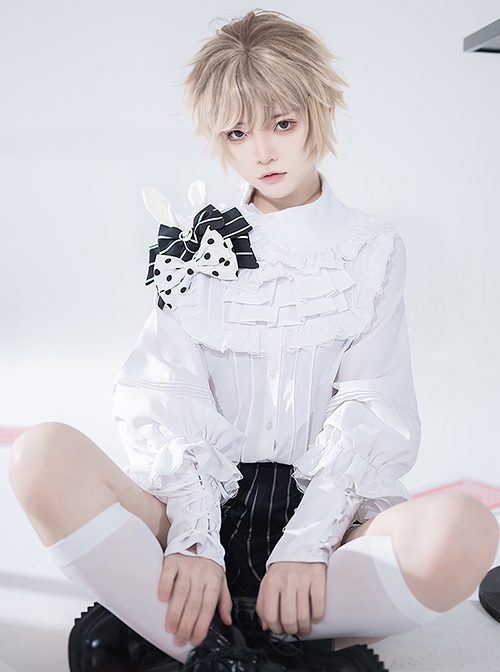 Rabbit Theater Series Checkerboard Ouji Fashion Layered Collar Elaborate Ruffle Cuffs White Long Sleeve Shirt