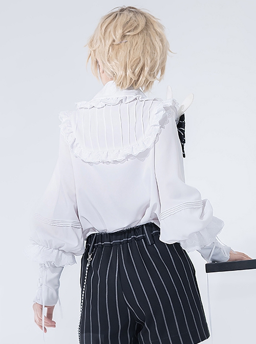 Rabbit Theater Series Checkerboard Ouji Fashion Layered Collar Elaborate Ruffle Cuffs White Long Sleeve Shirt