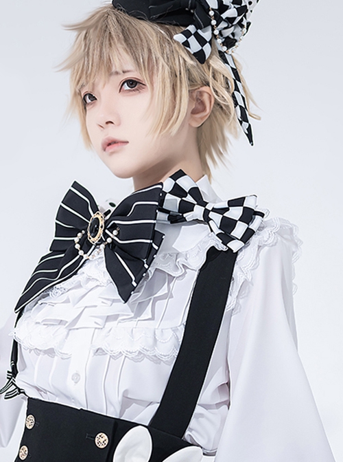 Rabbit Theater Series Checkerboard Edition Ouji Fashion Simple Daily Cute Double Bownot Black White Checkered Brooch