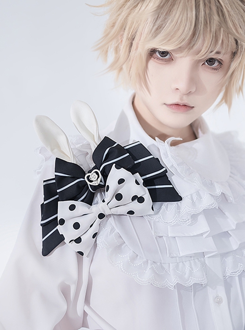 Rabbit Theater Series Checkerboard Edition Simple Daily Cute Black White Polka Dot Ouji Fashion Double Bownot Brooch
