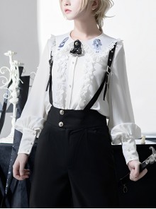 Corroding The Heart Series Gothic Style Ouji Fashion Kawaii Girl Pattern Pearl Button Ruffle Lace White Long Sleeve Shirt