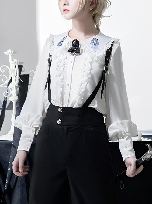 Corroding The Heart Series Gothic Style Ouji Fashion Kawaii Girl Pattern Pearl Button Ruffle Lace White Long Sleeve Shirt