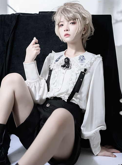 Corroding The Heart Series Gothic Style Ouji Fashion Kawaii Girl Pattern Pearl Button Ruffle Lace White Long Sleeve Shirt