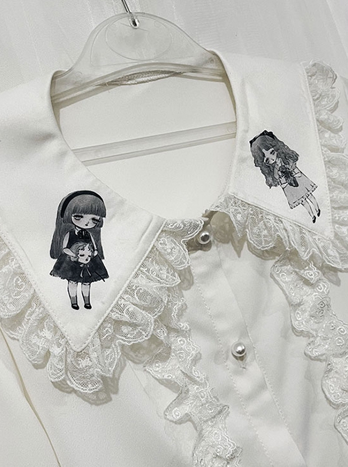 Corroding The Heart Series Gothic Style Ouji Fashion Kawaii Girl Pattern Pearl Button Ruffle Lace White Long Sleeve Shirt