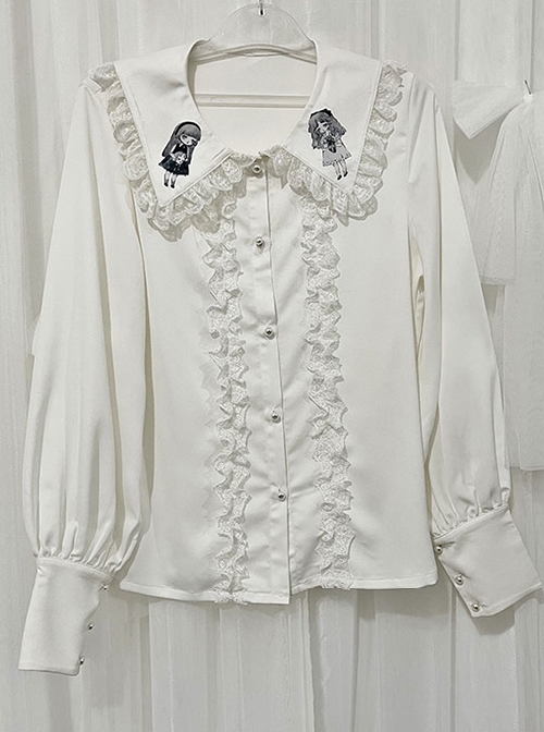 Corroding The Heart Series Gothic Style Ouji Fashion Kawaii Girl Pattern Pearl Button Ruffle Lace White Long Sleeve Shirt