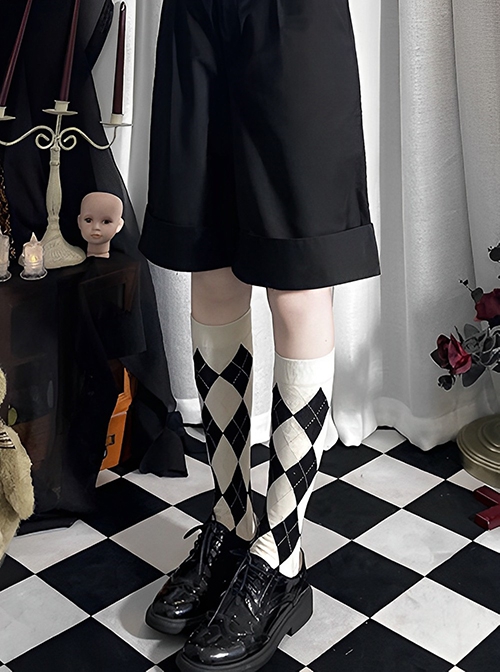 Corroding The Heart Series Gothic Style Ouji Fashion Daily All Match College Style Black White Rhombus Calf Socks