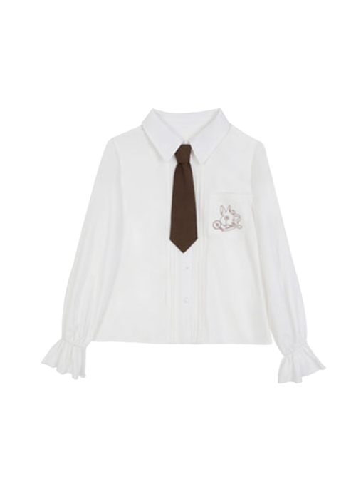 Rabbit Detective Series Ouji Fashion Spring Summer Daily Rabbit Pattern Bell Sleeve Tie White Long Sleeve Shirt