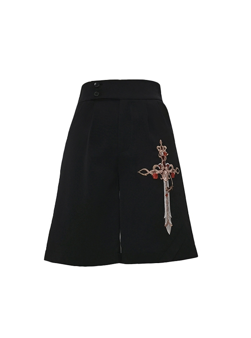 Night Instructions Series Ouji Fashion All Match Retro Rose Thorn Sword Embroidery Wide Leg Loose Black Shorts