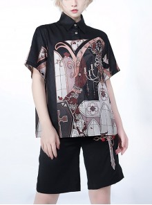 Night Instructions Series Ouji Fashion Handsome Lolita Cross Candle Print Polo Collar Design Loose Short Sleeve Shirt