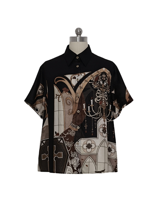 Night Instructions Series Ouji Fashion Handsome Lolita Cross Candle Print Polo Collar Design Loose Short Sleeve Shirt