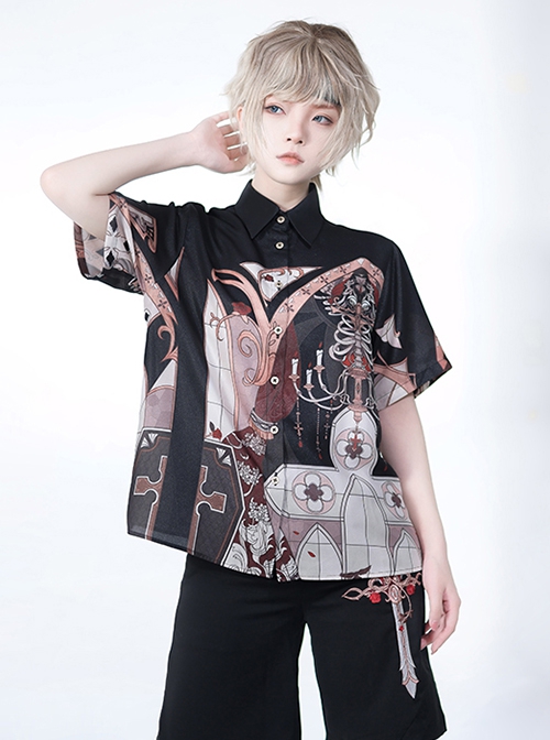 Night Instructions Series Ouji Fashion Handsome Lolita Cross Candle Print Polo Collar Design Loose Short Sleeve Shirt
