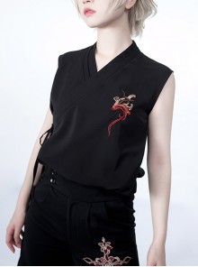 Night Instructions Series Ouji Fashion V Neck Cross Neck Belt Design Han Element Embroidery Black Sleeveless Shirt