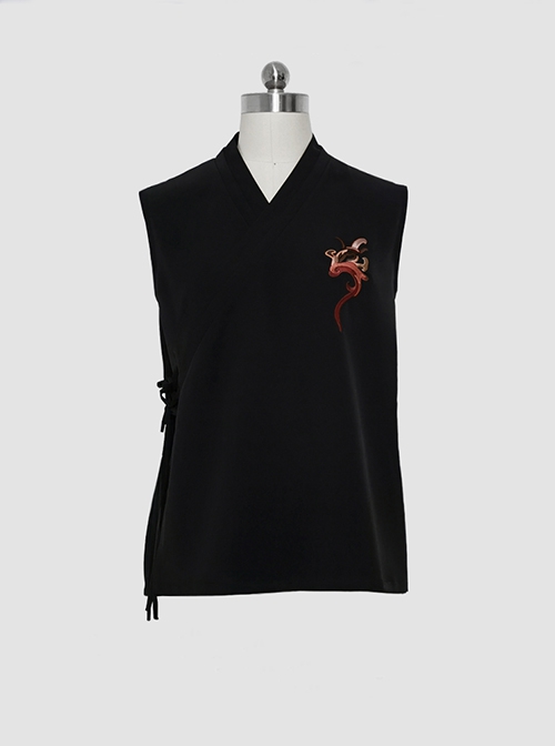 Night Instructions Series Ouji Fashion V Neck Cross Neck Belt Design Han Element Embroidery Black Sleeveless Shirt