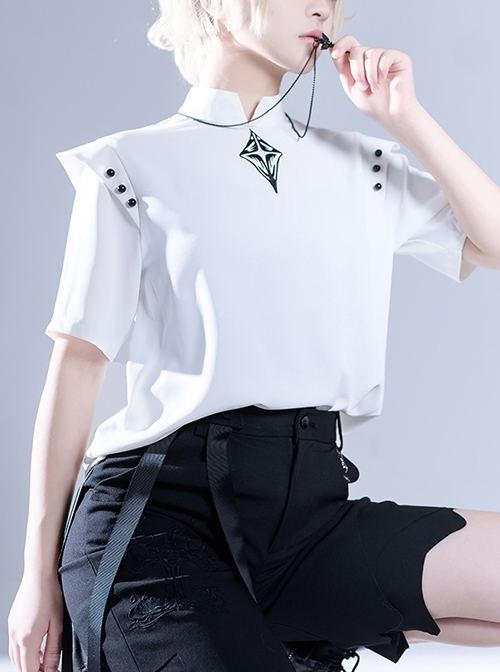 Ouji Fashion Gothic Style Stand Collar Button Black Embroidered White Short Sleeve Top