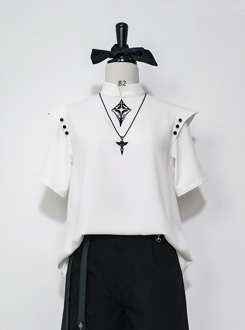 Ouji Fashion Gothic Style Stand Collar Button Black Embroidered White Short Sleeve Top