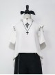 Ouji Fashion Gothic Style Stand Collar Button Black Embroidered White Short Sleeve Top