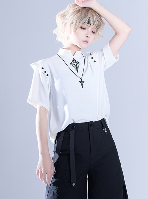 Ouji Fashion Gothic Style Stand Collar Button Black Embroidered White Short Sleeve Top