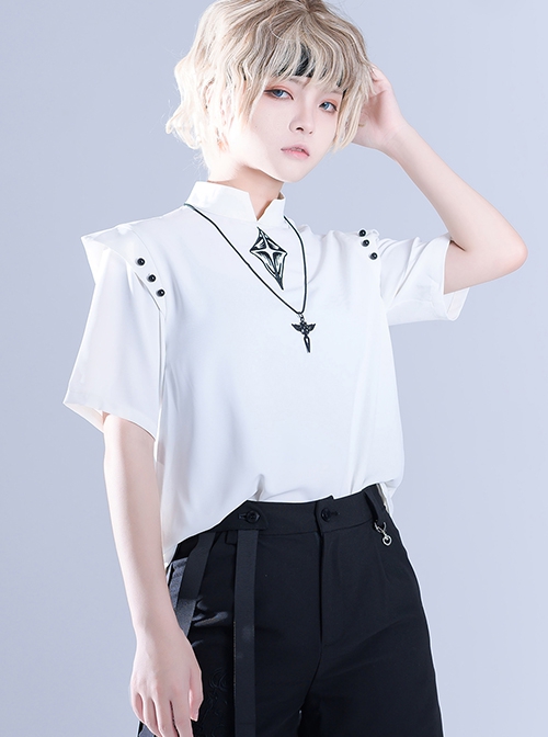 Ouji Fashion Gothic Style Stand Collar Button Black Embroidered White Short Sleeve Top