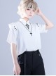 Ouji Fashion Gothic Style Stand Collar Button Black Embroidered White Short Sleeve Top