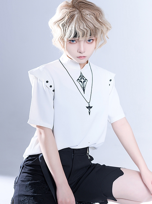 Ouji Fashion Gothic Style Stand Collar Button Black Embroidered White Short Sleeve Top