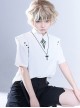 Ouji Fashion Gothic Style Stand Collar Button Black Embroidered White Short Sleeve Top