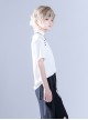 Ouji Fashion Gothic Style Stand Collar Button Black Embroidered White Short Sleeve Top