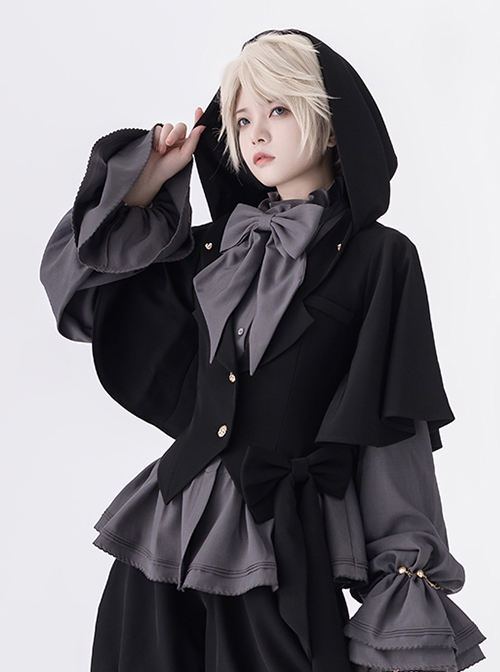 Rabbit Hunting Series Ouji Fashion Retro Dark Button Irregular Cuff Cute Bowknot Rabbit Ear Hooded Black Coat