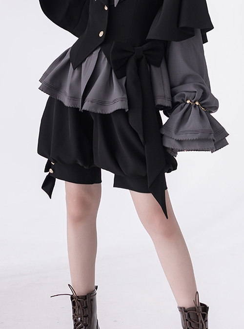 Rabbit Hunting Series Retro Dark Black Bowknot Decorated Button Loose Ouji Fashion Black Shorts