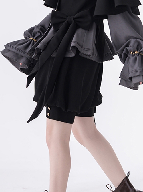 Rabbit Hunting Series Retro Dark Black Bowknot Decorated Button Loose Ouji Fashion Black Shorts