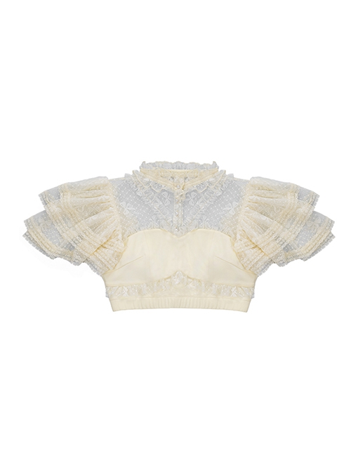 Sunset On The Seine Series Cute Daily Fungus Half High Tie Chest Pad Sweet Lolita Breathable Lace Short Sleeve Shirt