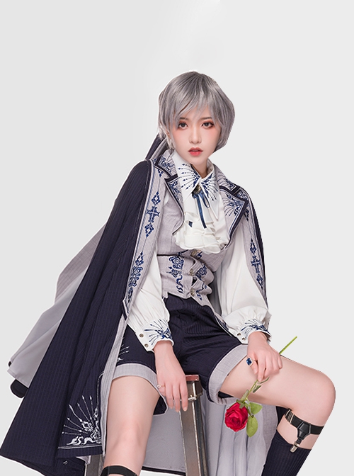 Sheffield Series Navy Blue Ornate Embroidery British Military Uniform Style Lolita Ouji Fashion Shorts Version Women Set