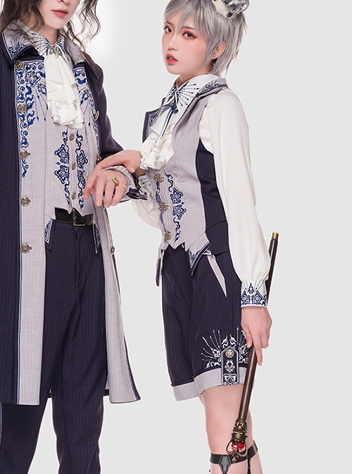 Sheffield Series Navy Blue Ornate Embroidery British Military Uniform Style Lolita Ouji Fashion Shorts Version Women Set