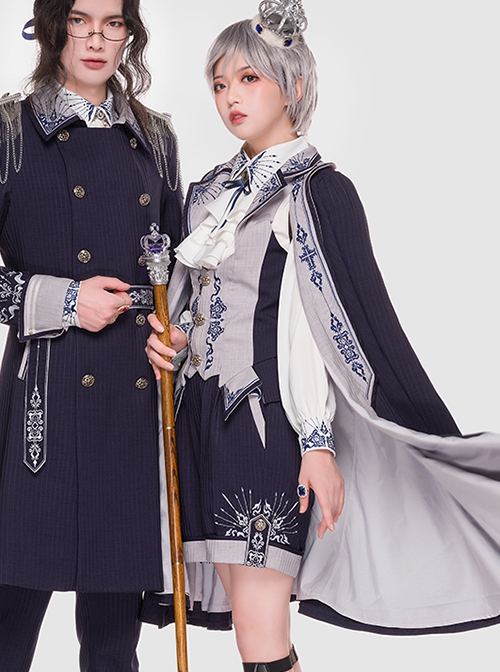 Sheffield Series Navy Blue Ornate Embroidery British Military Uniform Style Lolita Ouji Fashion Shorts Version Women Set