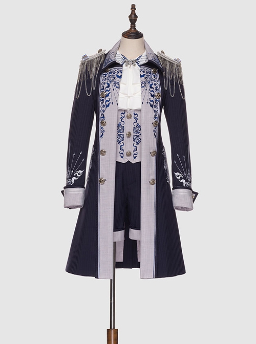 Sheffield Series Ouji Fashion Navy Blue Ornate Embroidery British Military Uniform Style Lolita Shorts Version Men Set