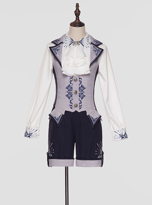 Sheffield Series Ouji Fashion Navy Blue Ornate Embroidery British Military Uniform Style Lolita Shorts Version Men Set