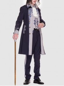 Sheffield Series Ouji Fashion Navy Blue Ornate Embroidery British Military Uniform Style Lolita Trousers Version Men Set