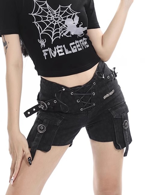 Punk Gothic Lolita Diablo Metal Buckle Decoration Multiple Pockets Design Black Shorts