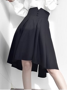 The Heretic Series Ouji Fashion Retro British Style Dark Gothic V Shaped Opening High Waist Button Strap Black Skirt