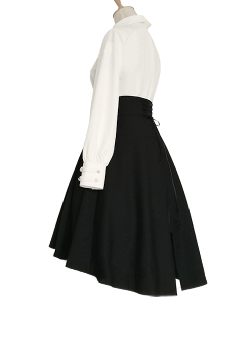 The Heretic Series Ouji Fashion Retro British Style Dark Gothic V Shaped Opening High Waist Button Strap Black Skirt