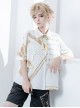 Black Fairy Tale Series Ouji Fashion Alphabet Print Tassel Bow Design Loose White Women Short Sleeve Shirt