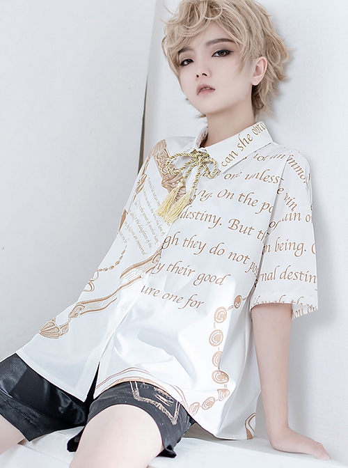 Black Fairy Tale Series Ouji Fashion Alphabet Print Tassel Bow Design Loose White Women Short Sleeve Shirt