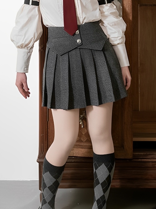London Street Series Ouji Fashion Daily College Style Uniform Button Decoration Pleated Design Gray Skirt