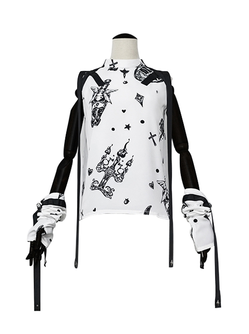 Ouji Fashion Harajuku Style Black And White Strawberry Wings Print Pattern With Ribbon Sleeves Women Sleeveless Top