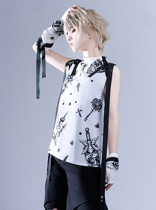 Ouji Fashion Harajuku Style Black And White Strawberry Wings Print Pattern With Ribbon Sleeves Women Sleeveless Top